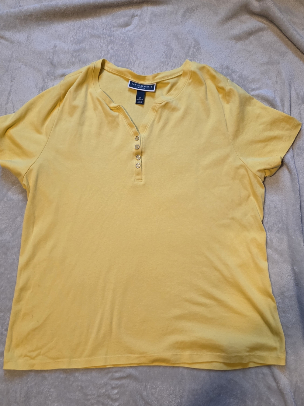 Karen Scott Yellow Short-Sleeve Henley Tee with Button Placket